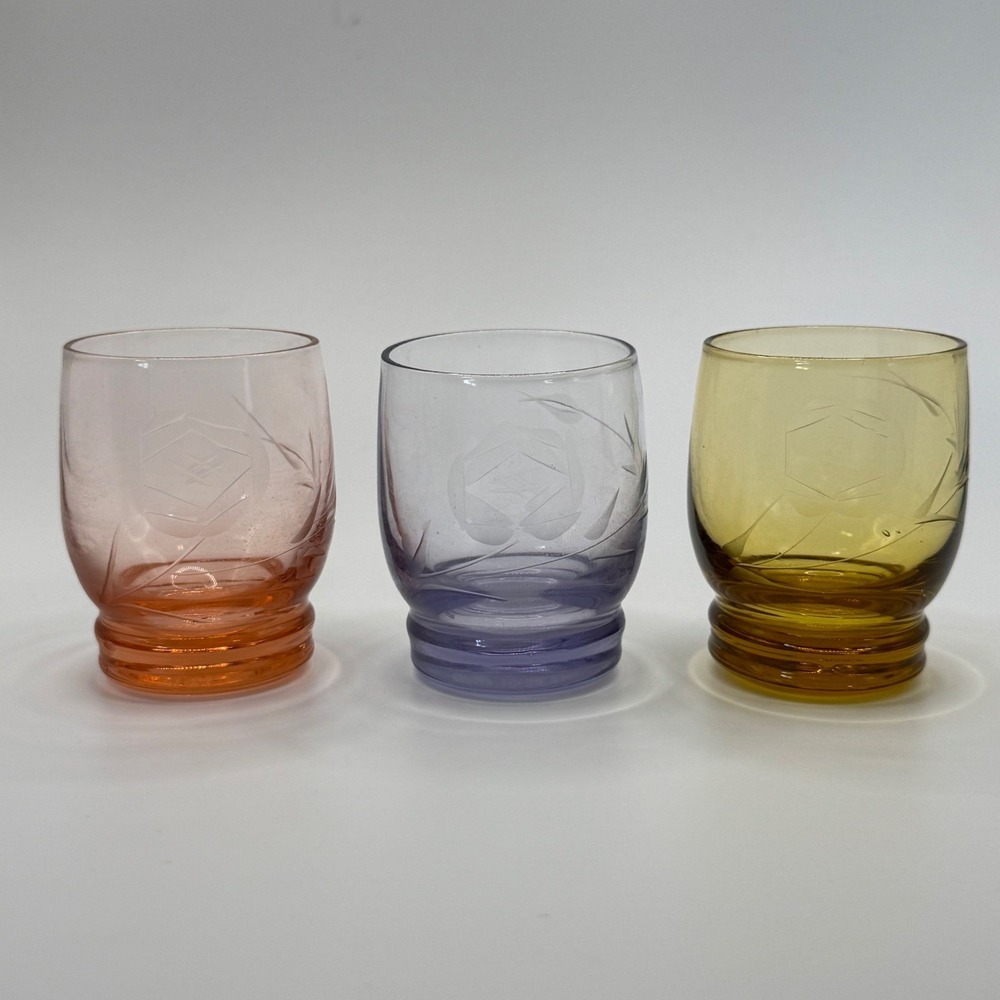 Vintage Etched Glass Shot Glasses Set of 3 Pink‎ Purple Amber Floral Cut